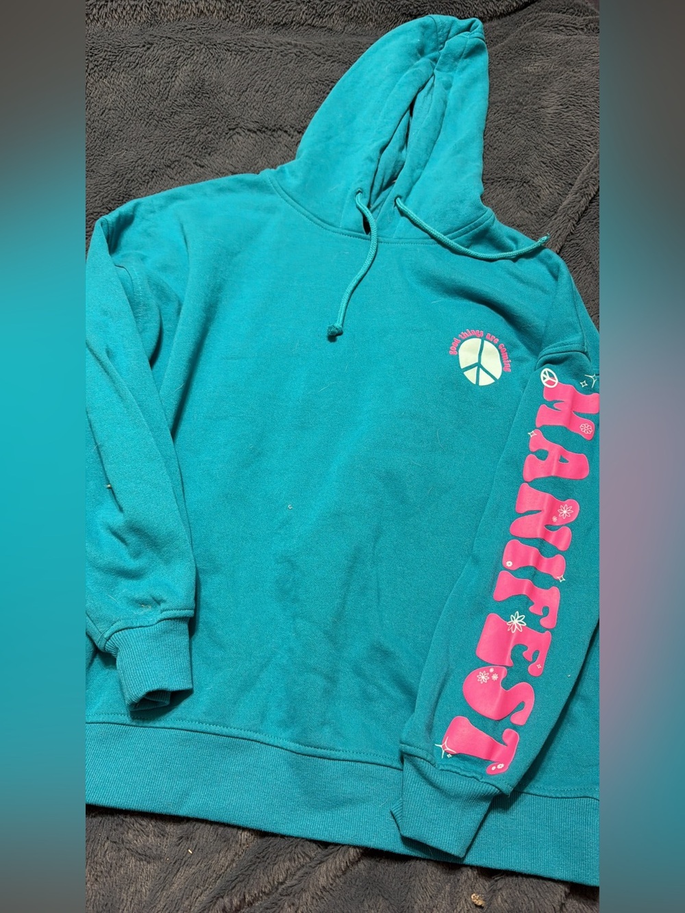 Teal Hoodie with Pink Sleeve Script and Peace Logo